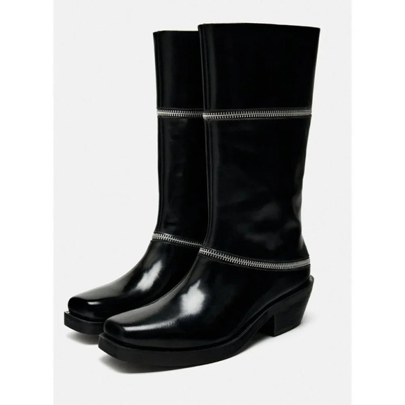 NWT Zara Black ZIPPERED LEATHER  Mid Calf Boots 6 - Picture 1 of 5